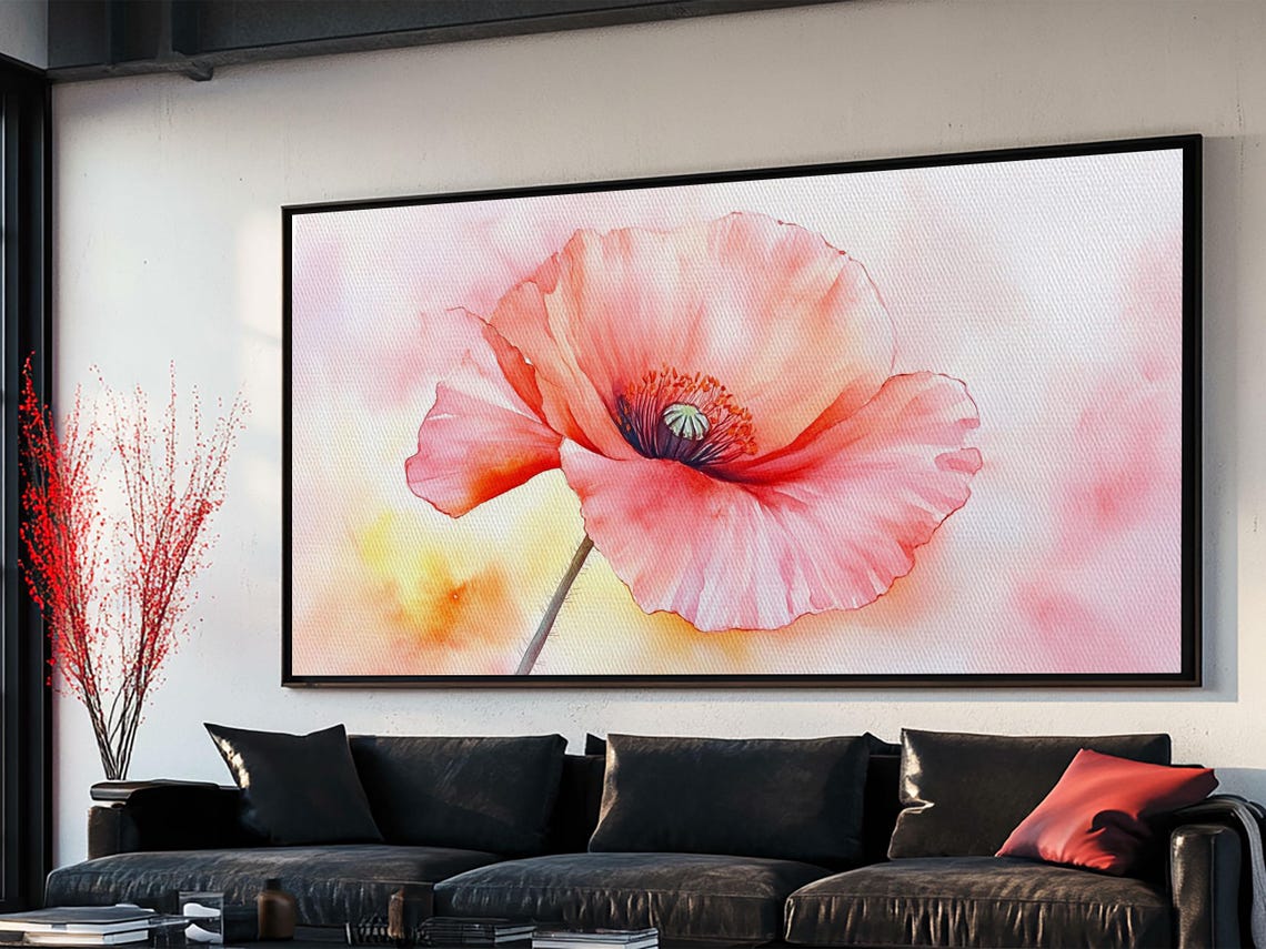 Soft Pink Poppy Close Up Watercolor Delicate Floral Wall Art Poster - Image 3