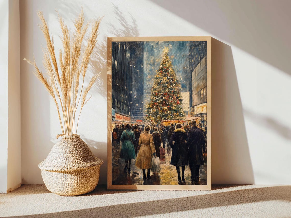 Christmas Village Wall Art Print Christmas Painting Christmas Shopeprs In Nyc In The 1950s Christmas Decor Winter Wall Art - Image 2