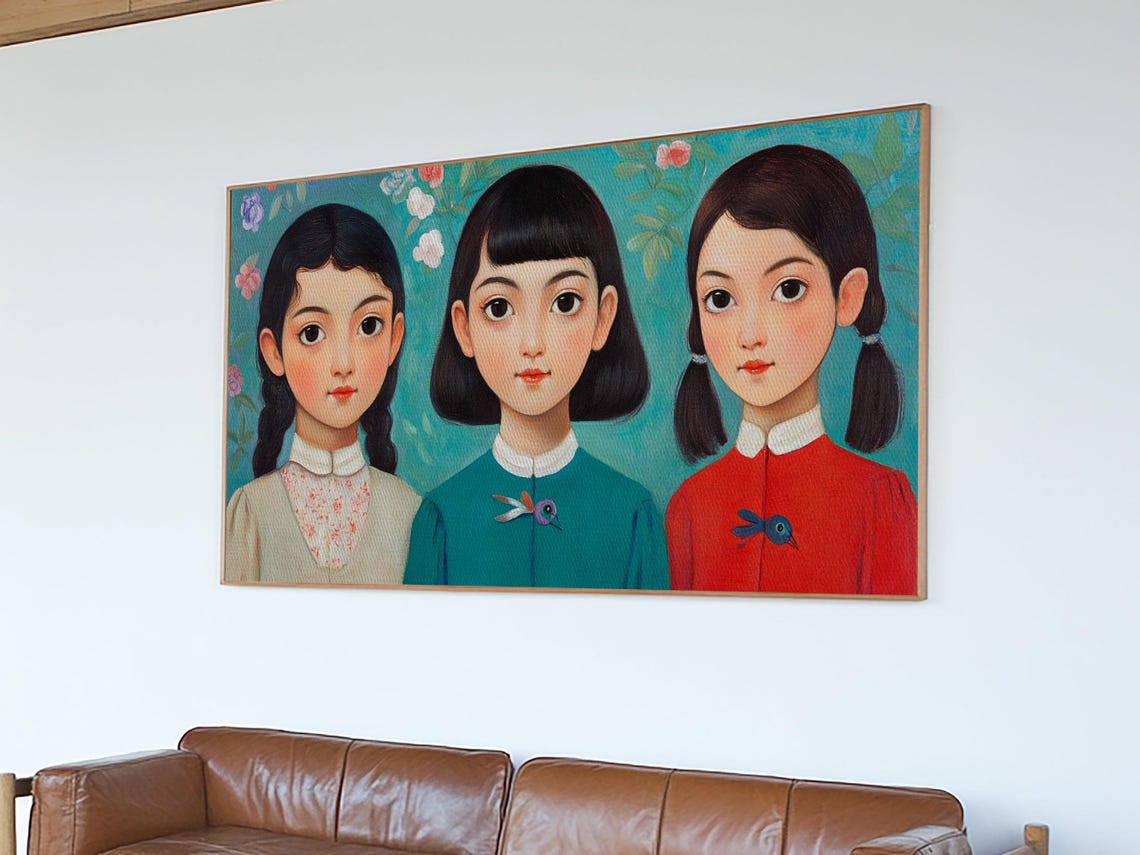 Three Girls Floral Portrait Whimsical Sisters Painting Wall Poster - Image 6
