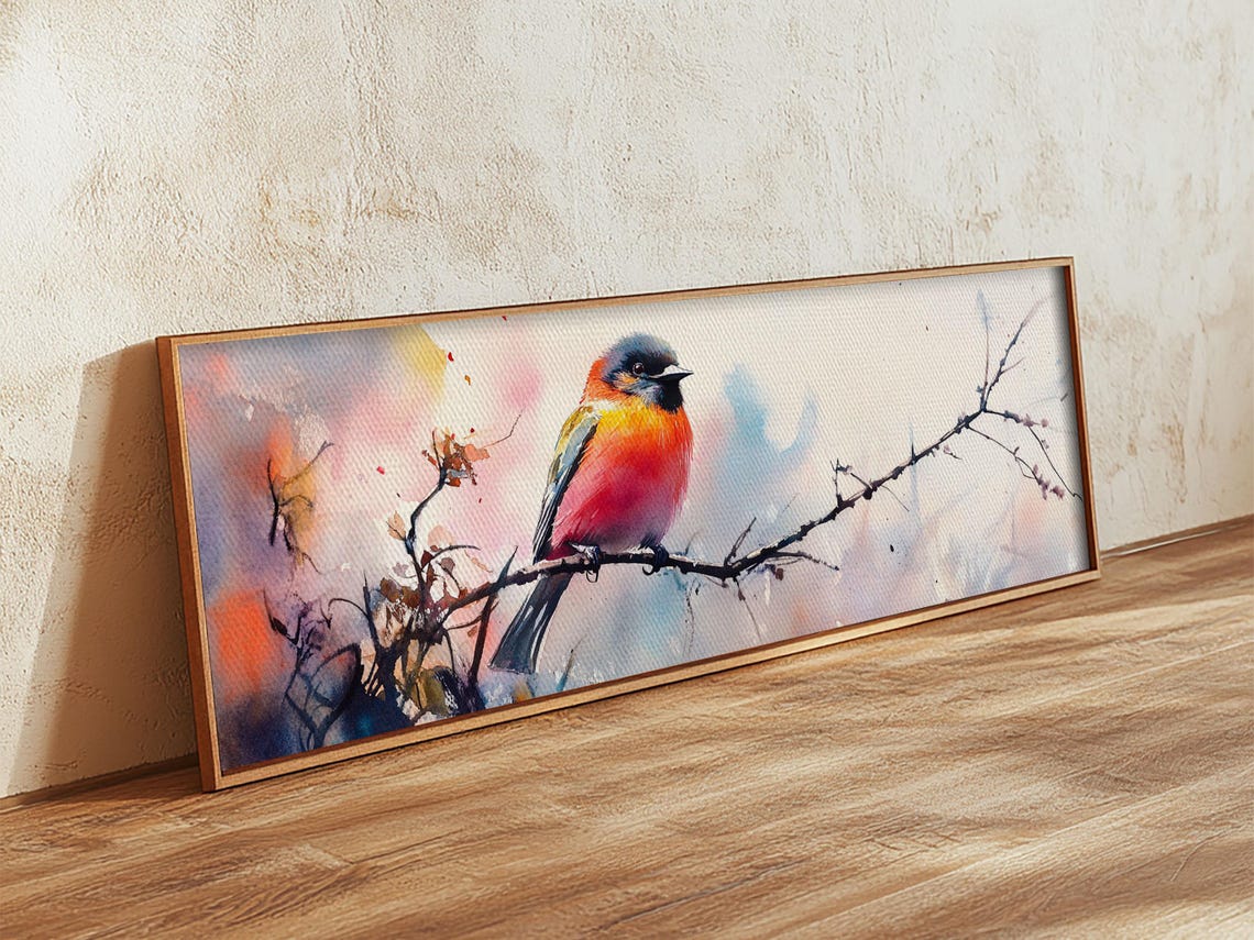 Autumn Colorful Songbird Watercolor Branch Panoramic Bird Wall Poster - Image 2