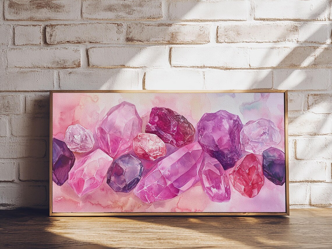 Pink Purple Gemstone Crystals Watercolor Pastel Magical Horizontal Poster - Image 4
