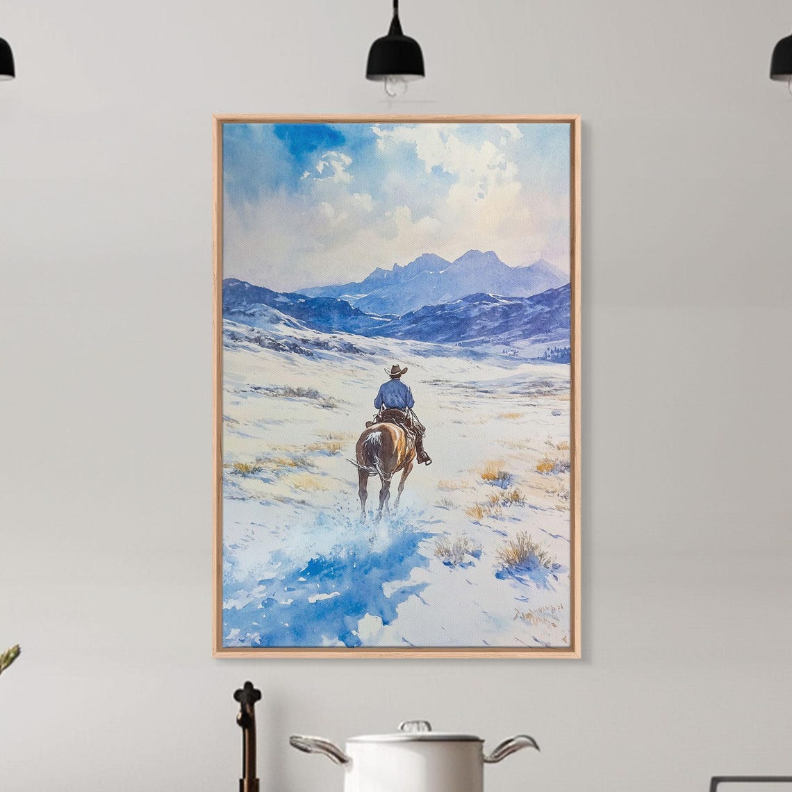 Cowboy Riding Through Snowy Mountain Pass Blue Watercolor Poster - Image 5