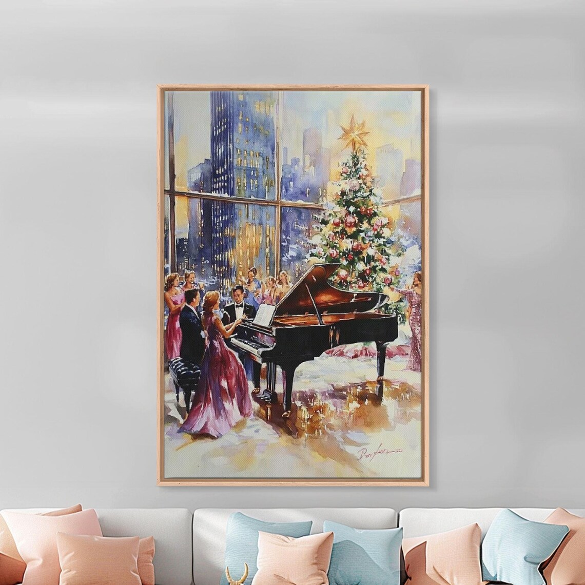 Elegant Christmas Grand Piano Party With City Skyline View Poster - Image 2