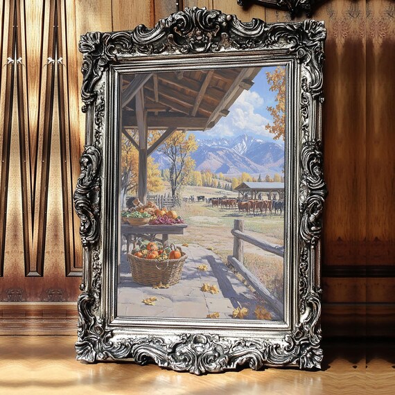 Autumn Farmhouse Porch Harvest With Pumpkins Cattle And Mountain View Poster