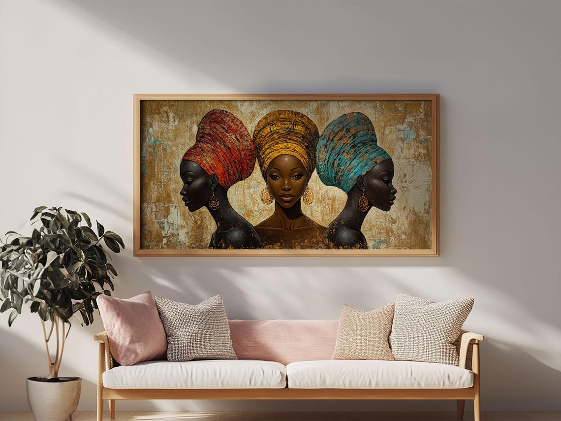 African Women Colorful Headwraps Gold Textured Afrocentric Art Poster - Image 4
