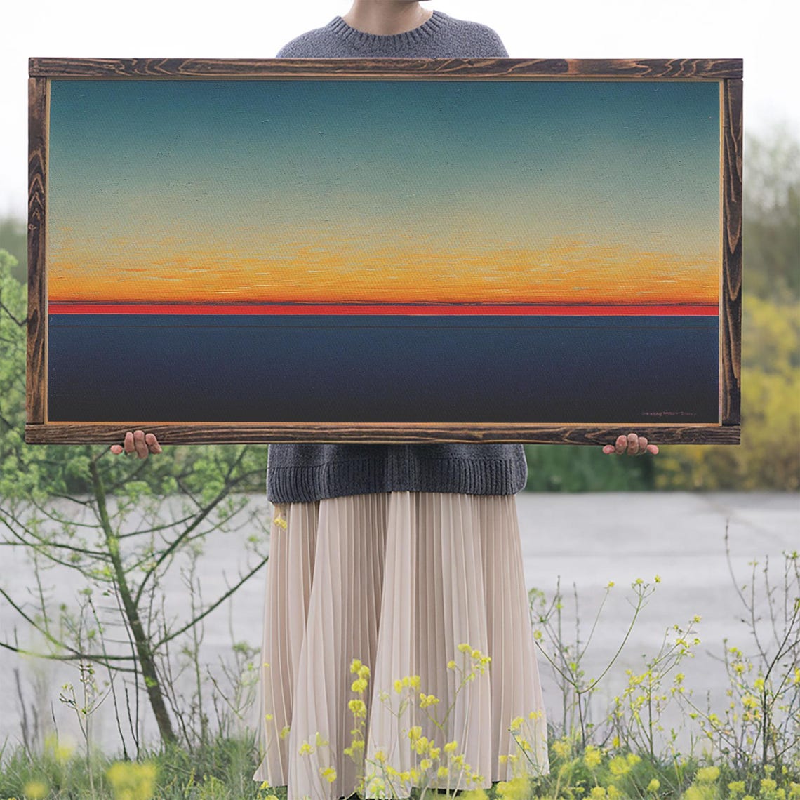 Beautiful Art Deco Style Watercolor Sunset Framed Print Ready To Hang Framed Wall Art - Image 2