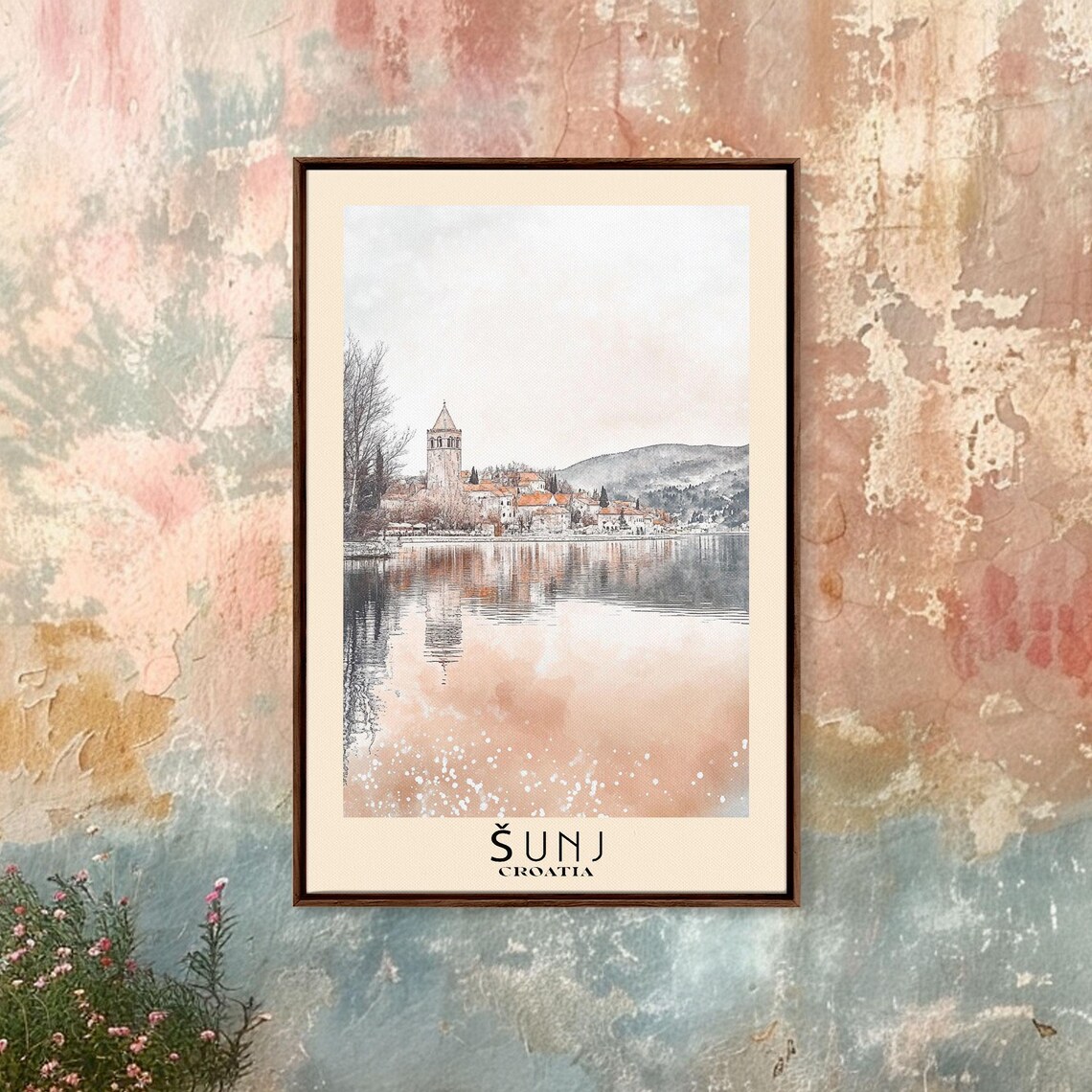 Sunj Croatia Old Town Church Tower Lake Reflection Watercolor Poster - Image 4