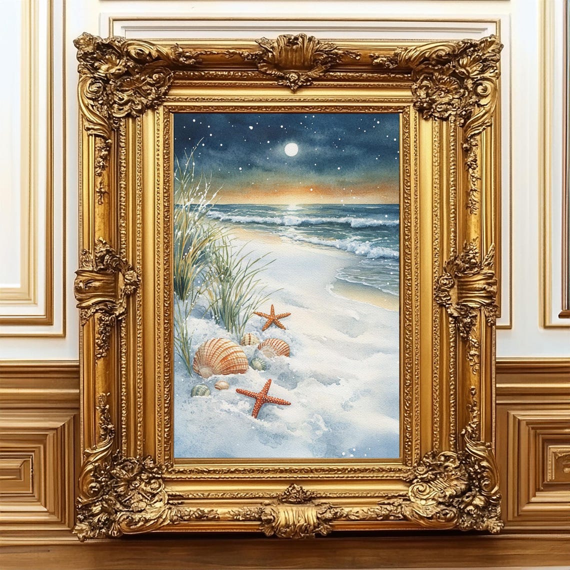 Moonlit Beach At Night With Seashells Starfish And Ocean Waves Poster - Image 2