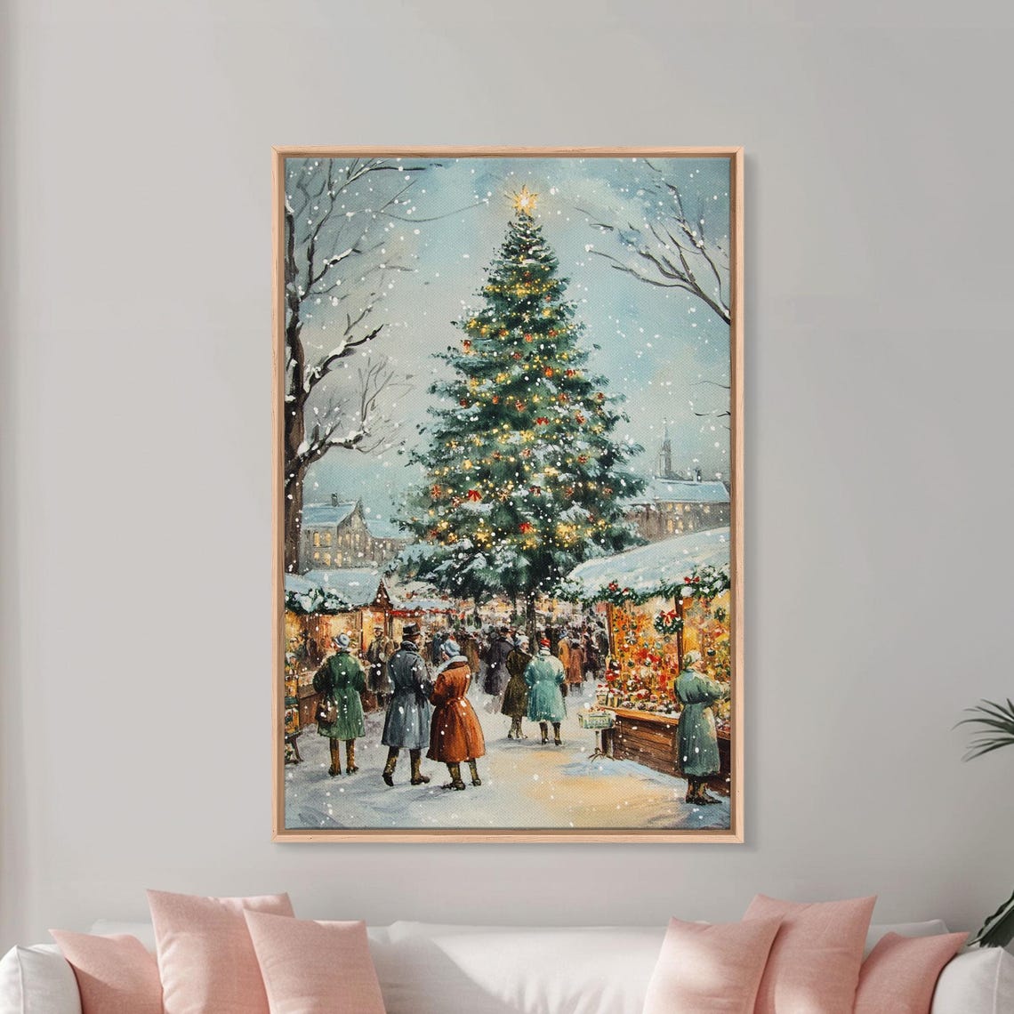 Snowy Christmas Market Tree With Decorated Stalls Night Poster - Image 3