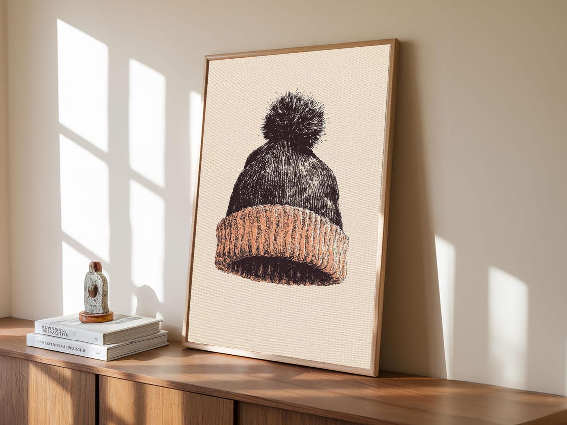 Knit Winter Beanie With Pom Pom Vintage Sketch Minimalist Art Print - Image 5