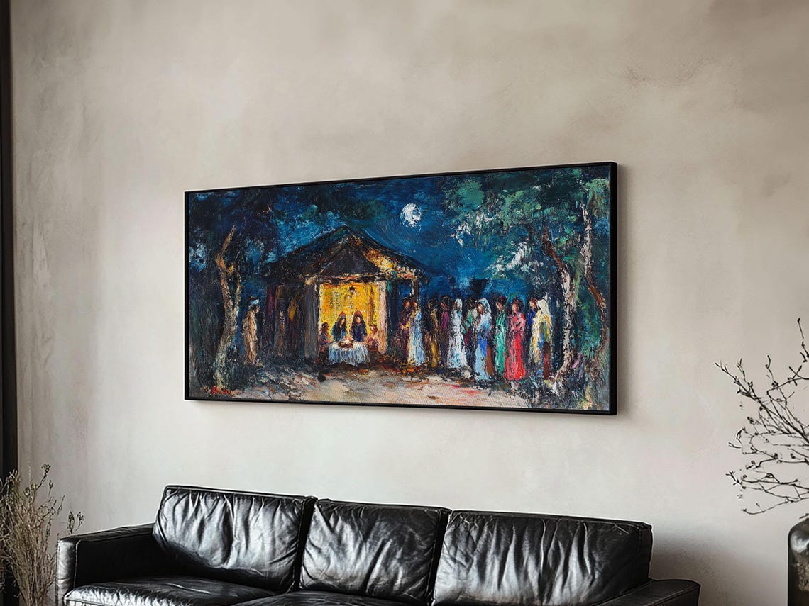 Moonlit Nativity Stable Golden Glow Abstract Christmas Art Poster