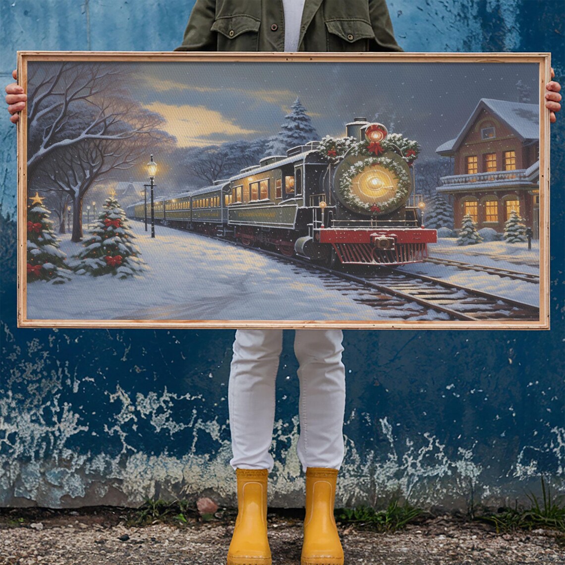 Christmas Steam Train With Wreath At Snowy Station Oil Painting Poster - Image 5