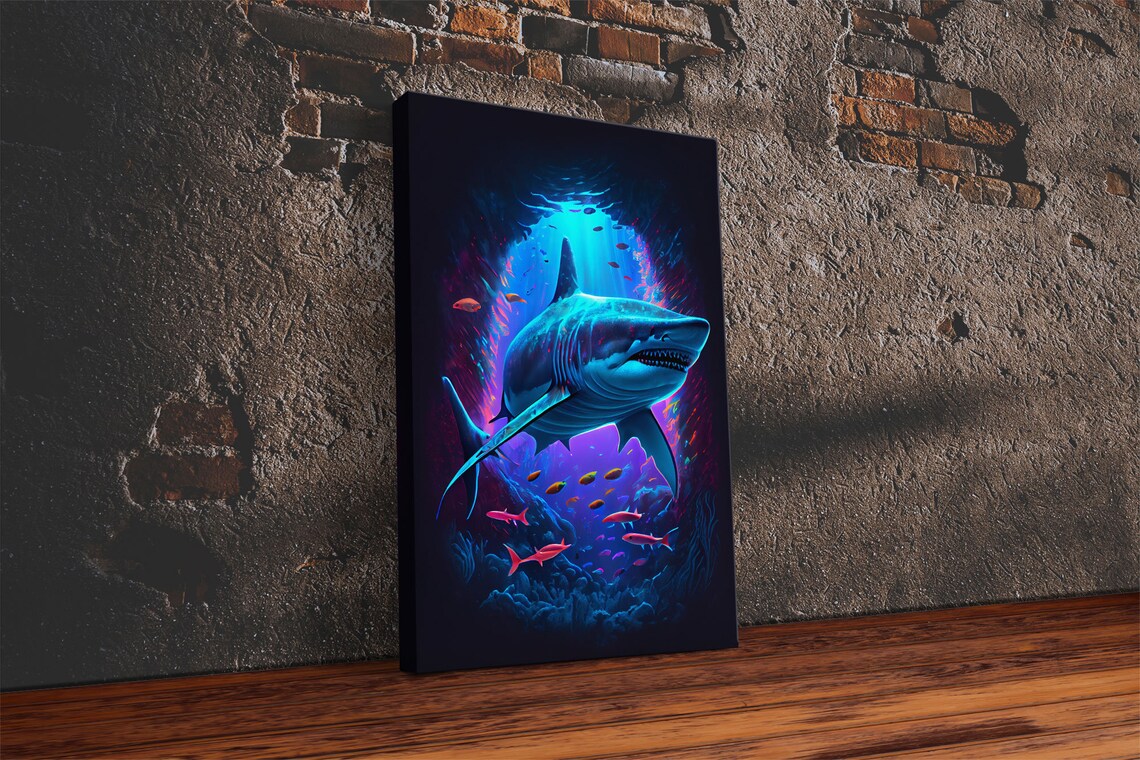 Shark Colorful Retro-Style Watercolor Ocean Poster Print