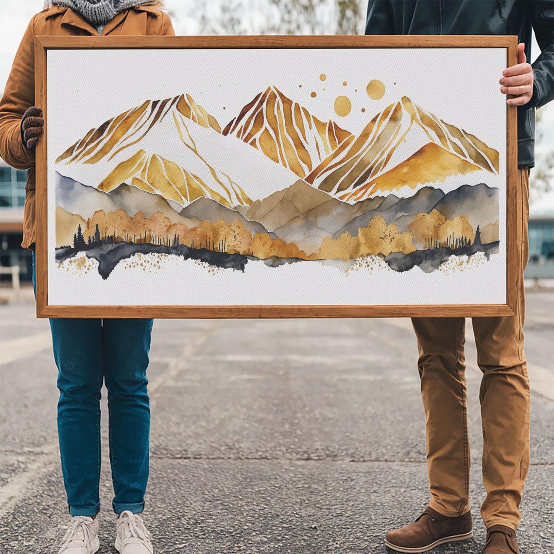 Golden Watercolor Mountain Peaks Minimalist Modern Nature Wall Art - Image 3