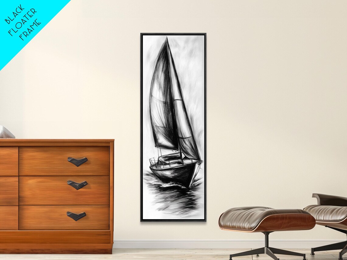 Charcoal Sketch Of A Sailboat Framed Print Nautical Decorl Nautical Wall Art Sailboat Painting Sail Boat Art Tall Skinny Wall Art - Image 5