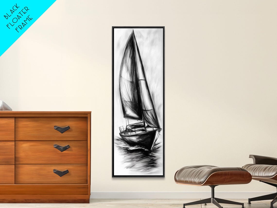 Charcoal Sketch Sailboat Under Full Sails Nautical Wall Art Poster - Image 5
