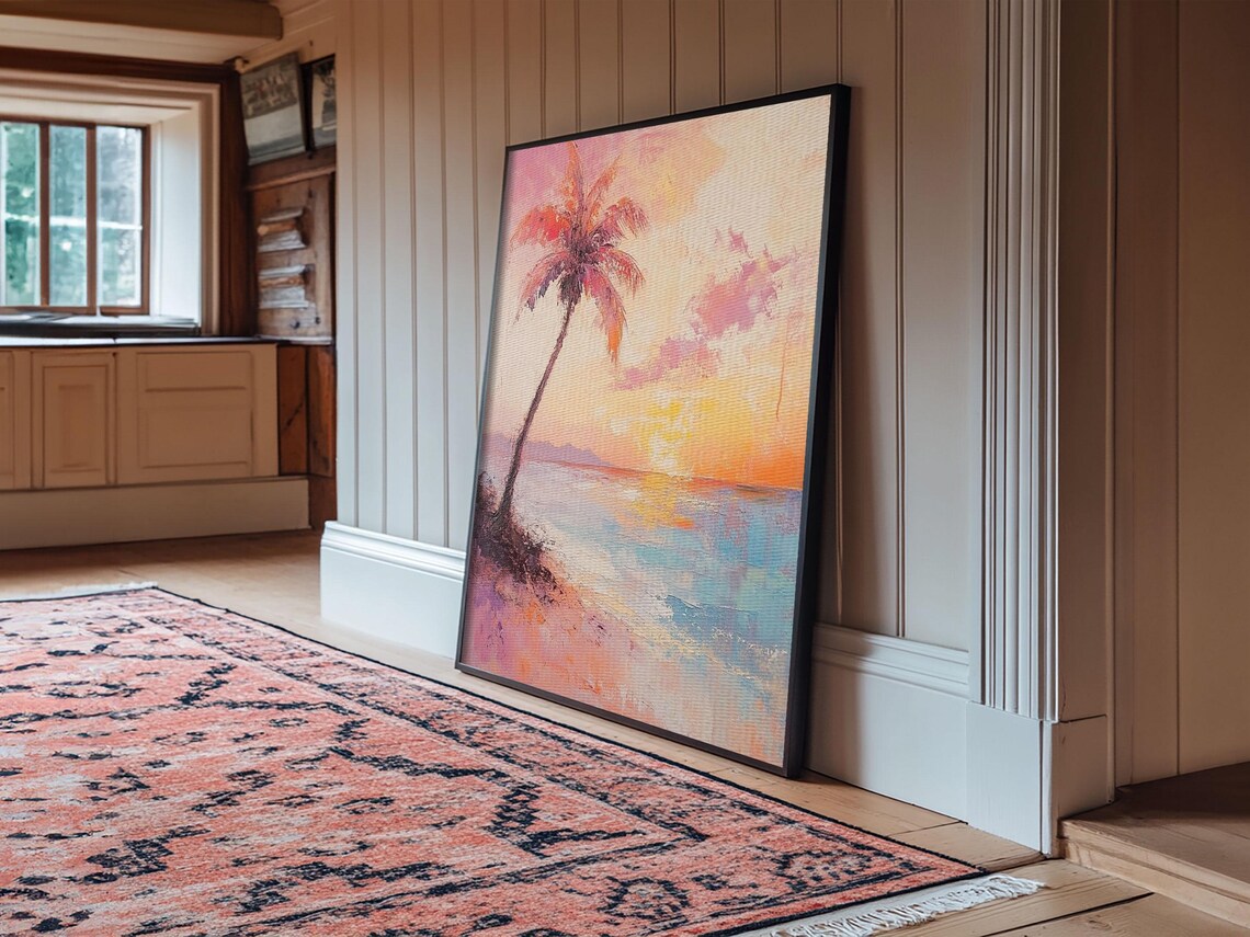 Beach Sunset Palm Tree Pastel Seascape Ocean Waves Coastal Oil Wall Art