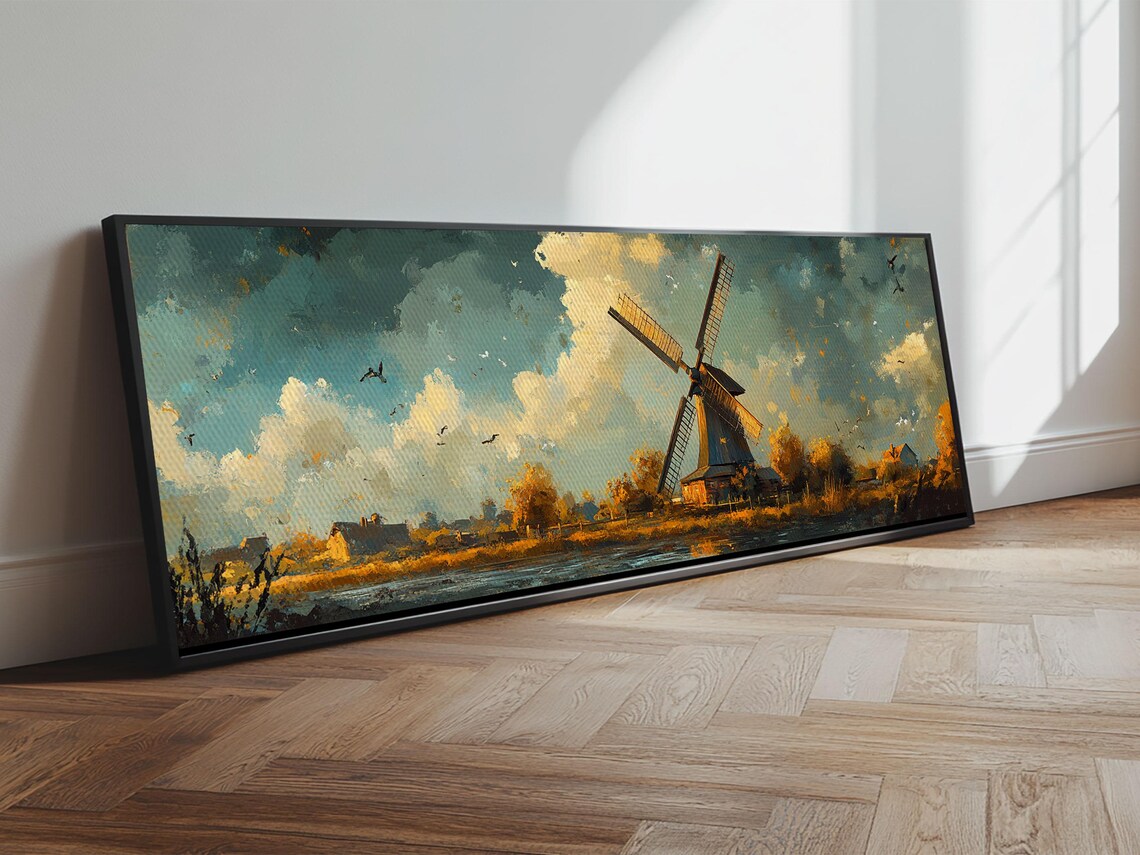Autumn Windmill Scene Framed Print Rustic Fall Farmhouse Art Moody Living Room Wall Art Horizontal Panoramic Decor Gift Idea - Image 5