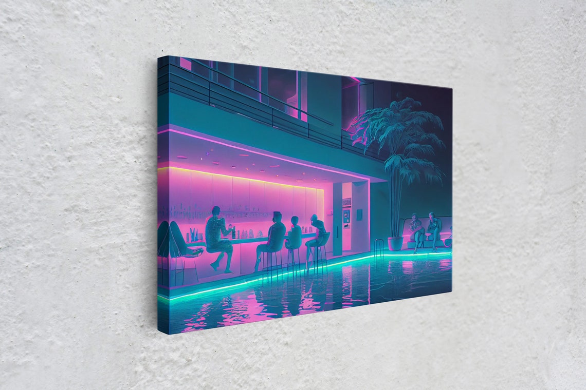 Vaporwave Poolside Lounge Neon Bar Night Palm Trees Retro Poster - Image 4