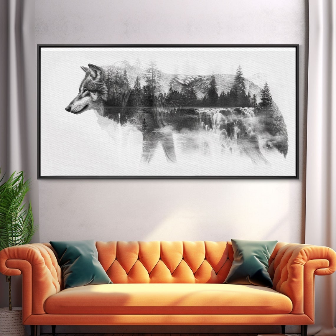 Gray Wolf Forest Waterfall Double Exposure Black White Poster - Image 5