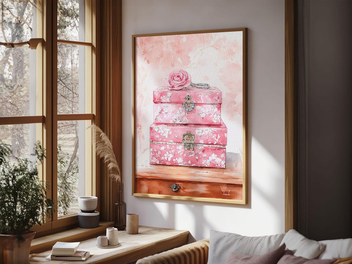 Pink Floral Jewelry Boxes Watercolor Vanity Bedroom Art Print - Image 5