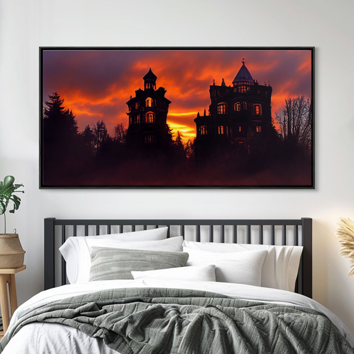Haunted Victorian Mansion Glowing Windows Fiery Sky Halloween Wall Poster - Image 5
