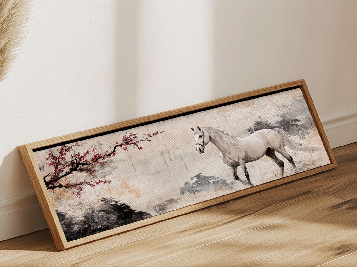 White Horse Cherry Blossom Panoramic Ink Wash Chinoiserie Art Poster
