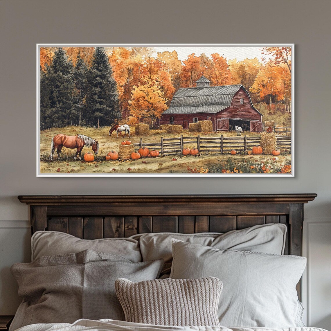 Autumn Barn Pumpkin Horses Rustic Fall Art Print - Image 4