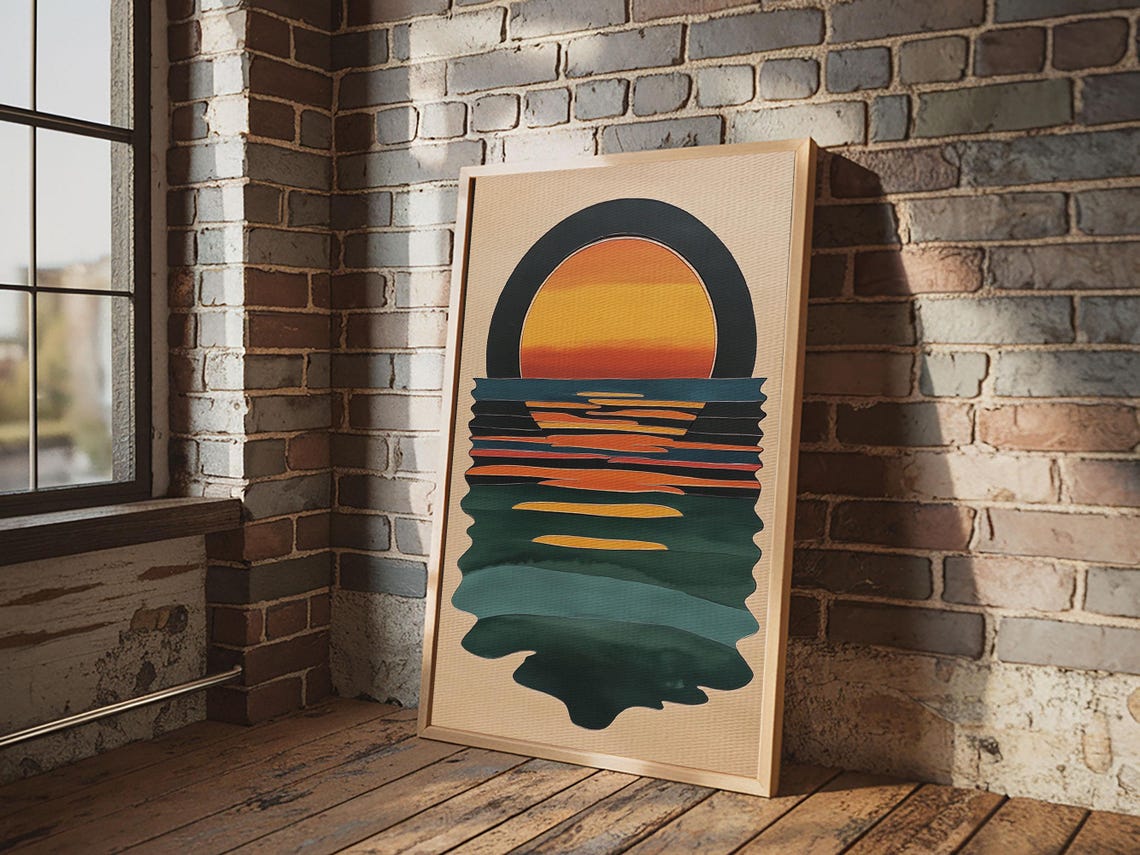 Art Deco Sunset Over Emerald Ocean Waves Minimalist Retro Art Poster - Image 6