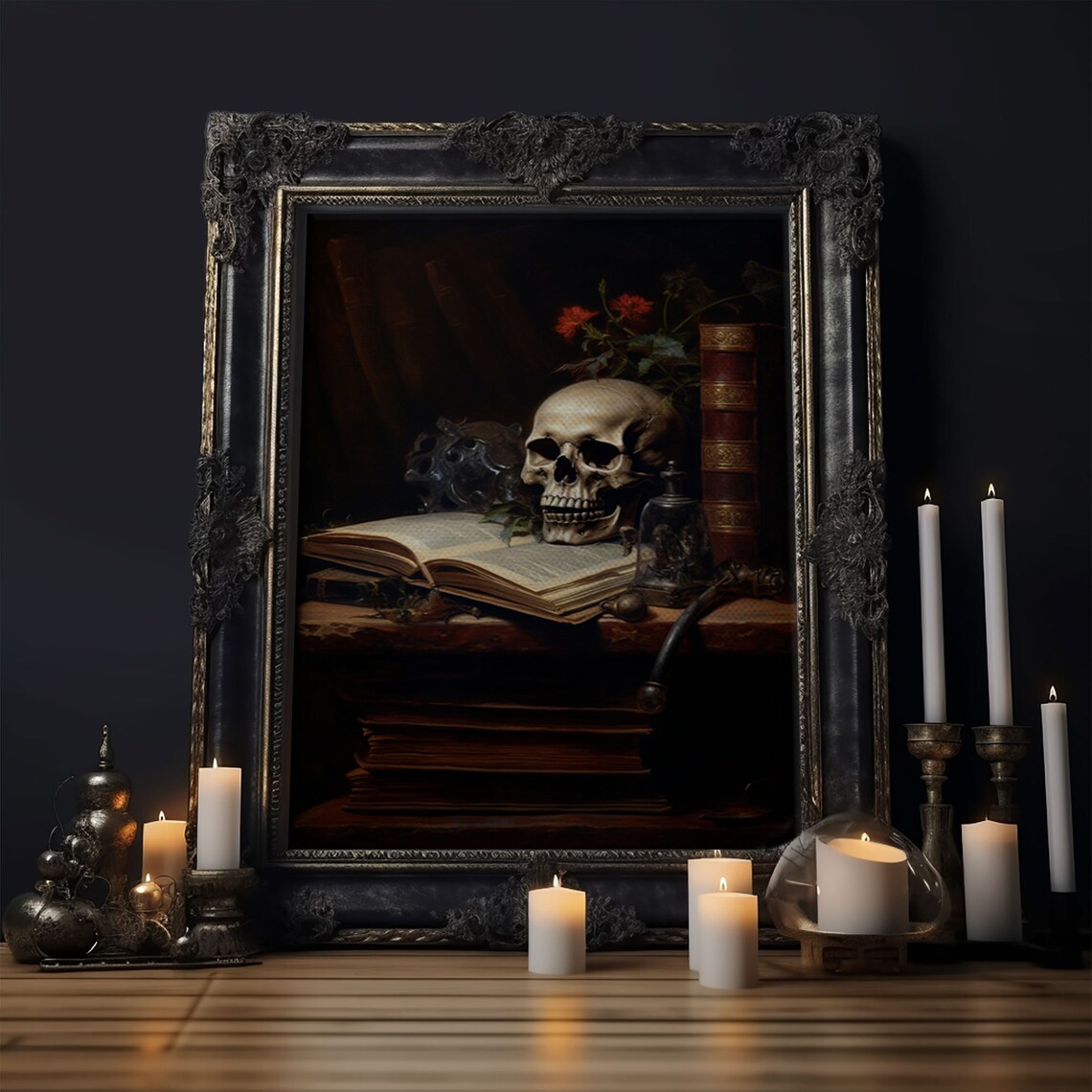 Victorian Bookshelf With Skull, Vintage Gothic Art Print - Image 6