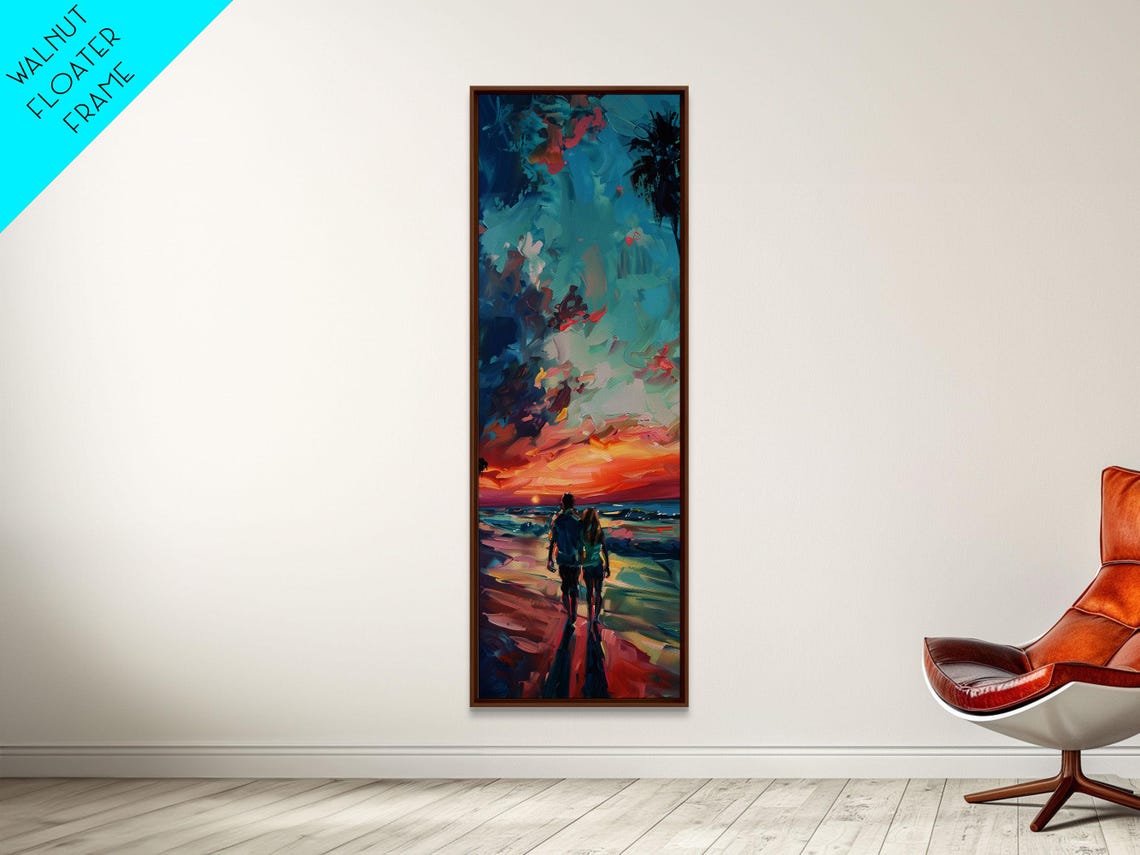 Framed Oil Painting Of Sunset On Beach Coastal Wall Art Print Colorful Beach Art Impasto Painting Long And Narrow Landscape Art - Image 4