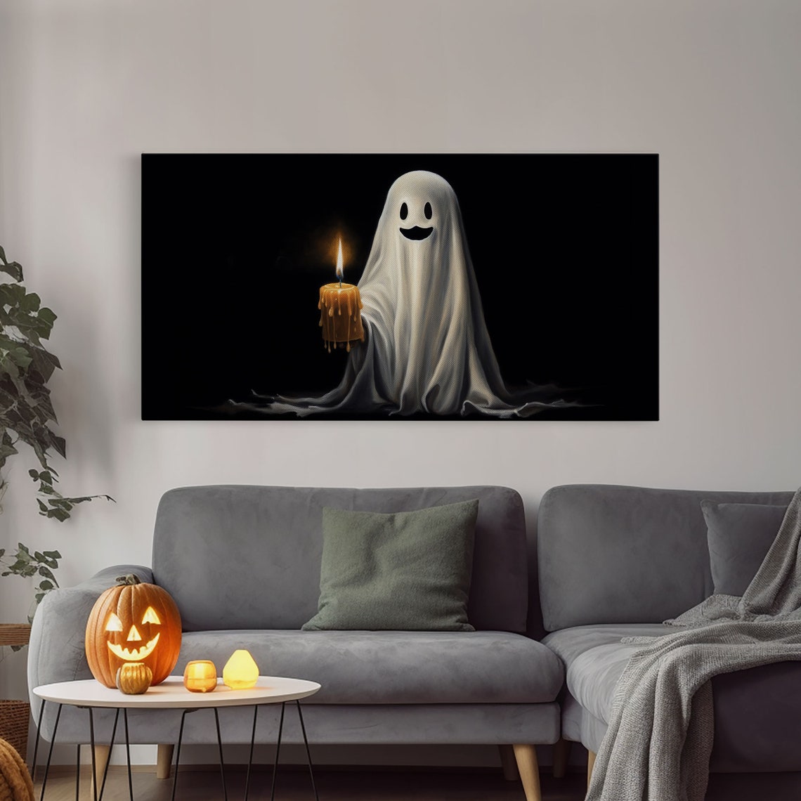 Smiling Ghost Holding Melting Candle On Black Background Poster - Image 3