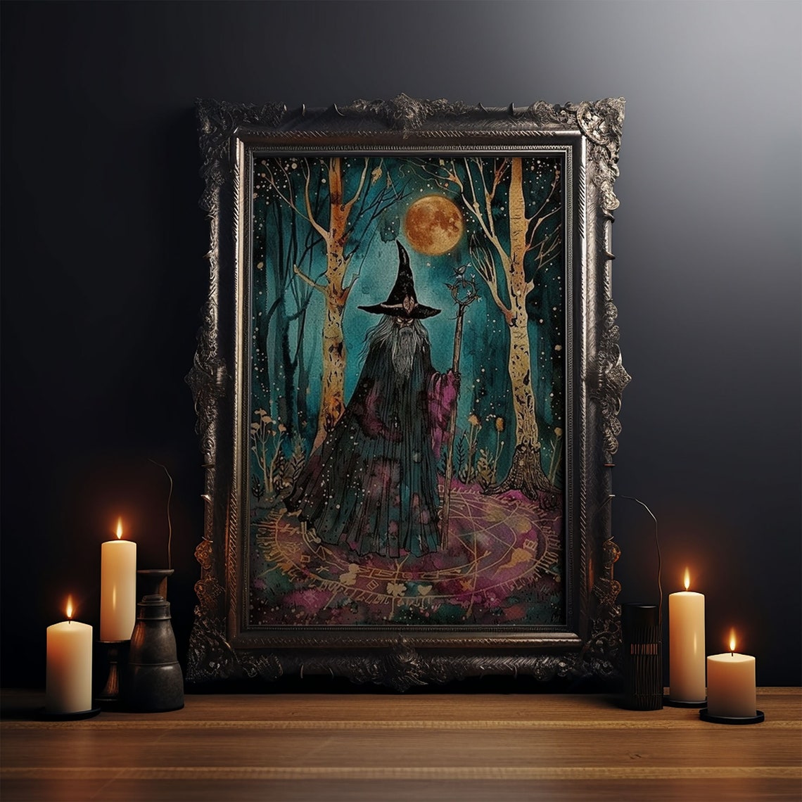Bearded Wizard Moonlit Forest Full Moon Magic Fantasy Art Wall Poster - Image 3