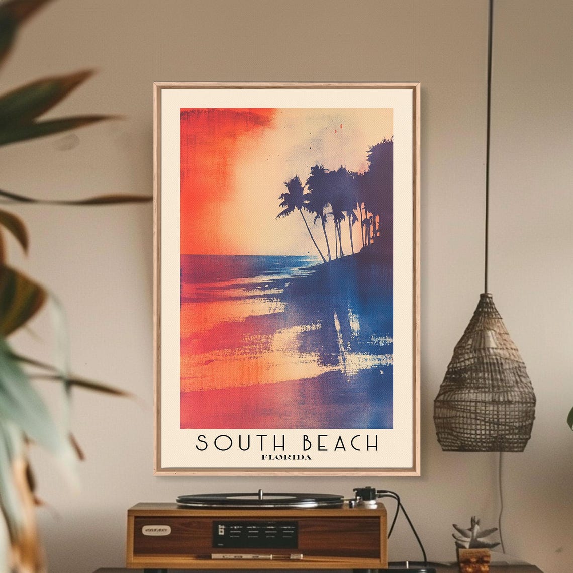 South Beach Florida Palm Sunset Red Sky Abstract Beach Poster - Image 3