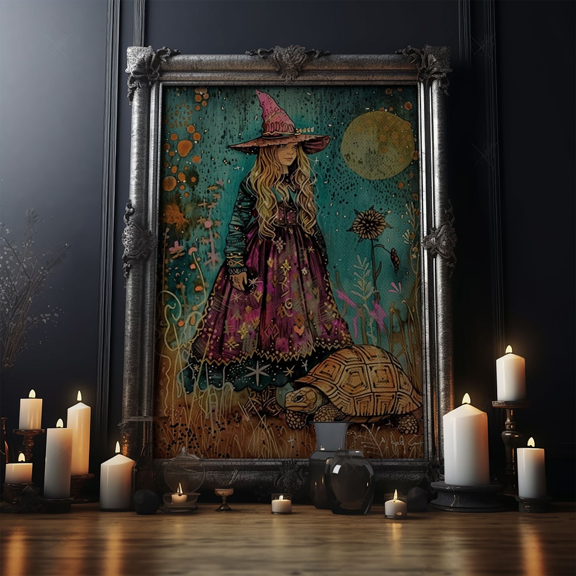 Little Witch Pink Hat Tortoise Moonlit Garden Watercolor Art Poster - Image 5
