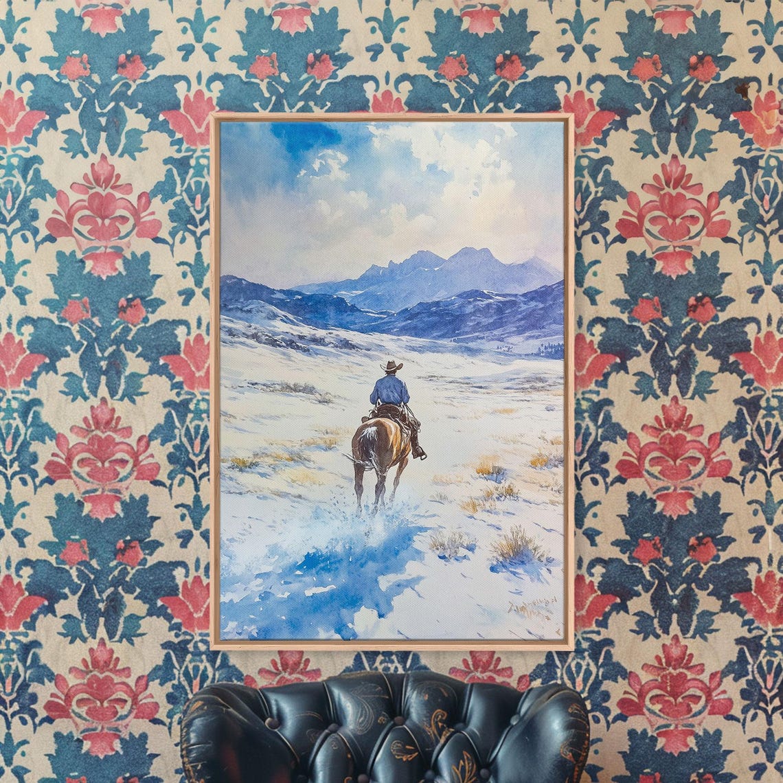 Cowboy Riding Through Snowy Mountain Pass Blue Watercolor Poster - Image 4