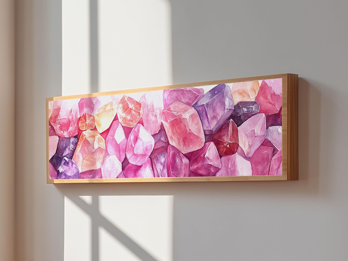 Pink Crystal Gemstones Watercolor Painting Wide Panoramic Canvas Art Poster - Image 3