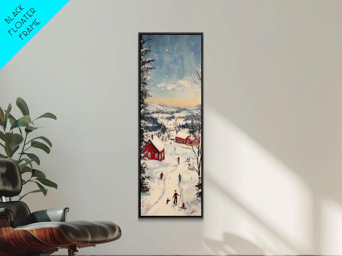 Snowy Village Night Red Barn Skaters Starry Sky Christmas Poster - Image 2