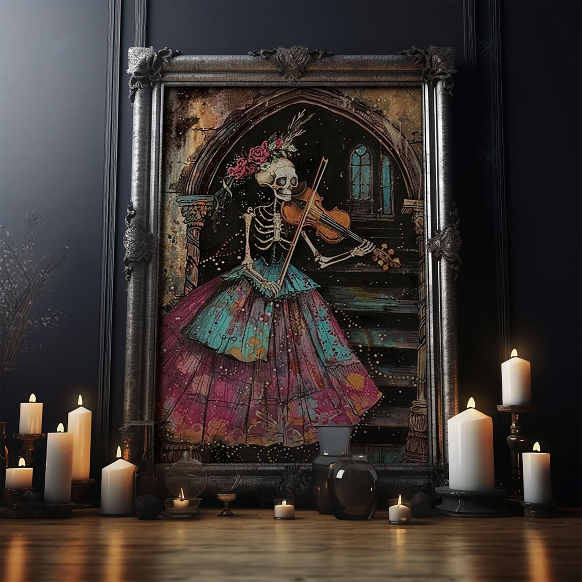 Gothic Skeleton Violinist Elegant Floral Gown Dark Archway Halloween Poster - Image 4