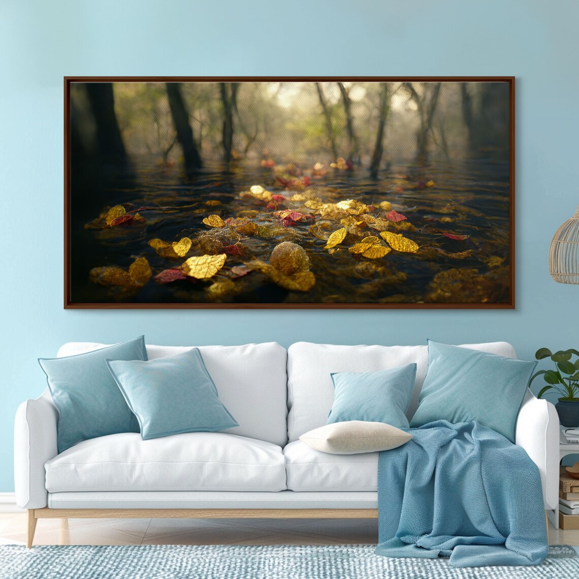 Fall Leaves Floating Down The River, Autumn Landscape Print