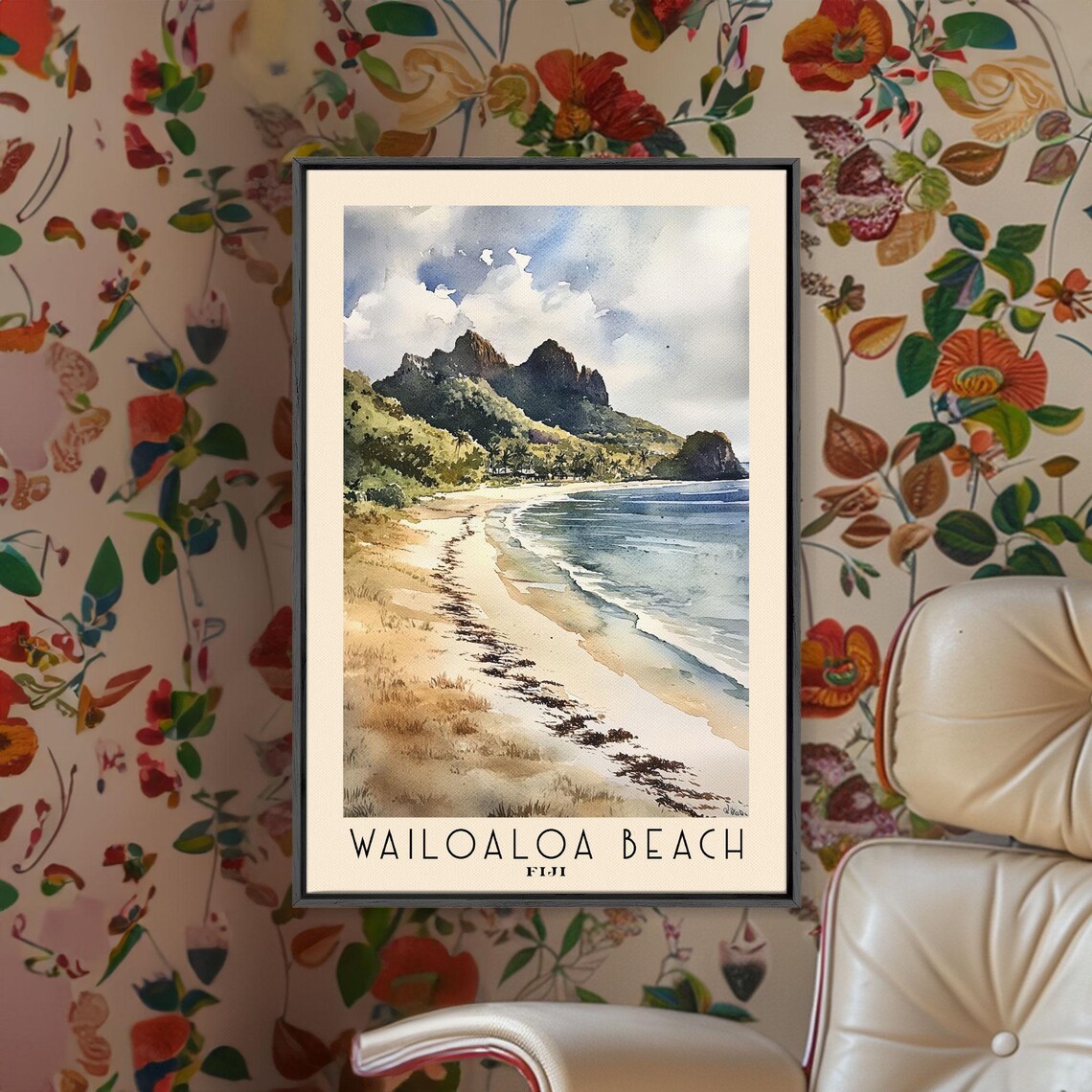 Wailoaloa Beach Fiji Watercolor Mountain Backed Coast Tropical Poster