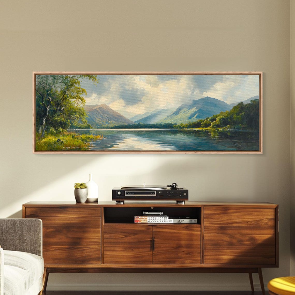 Serene Green Valley Lake Mountains Soft Light Watercolor Poster - Image 6