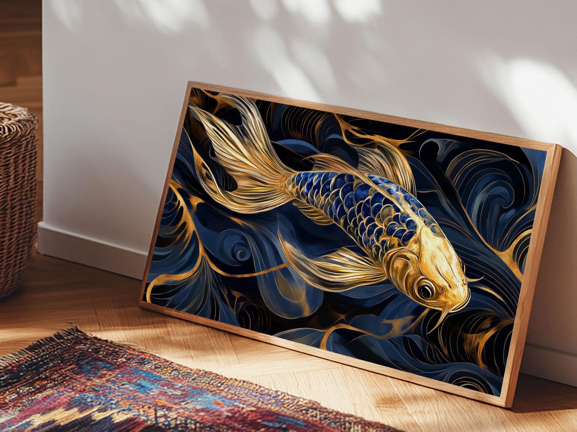 Golden Blue Koi Fish Flowing Fins Dark Elegant Asian Style Wall Art - Image 6