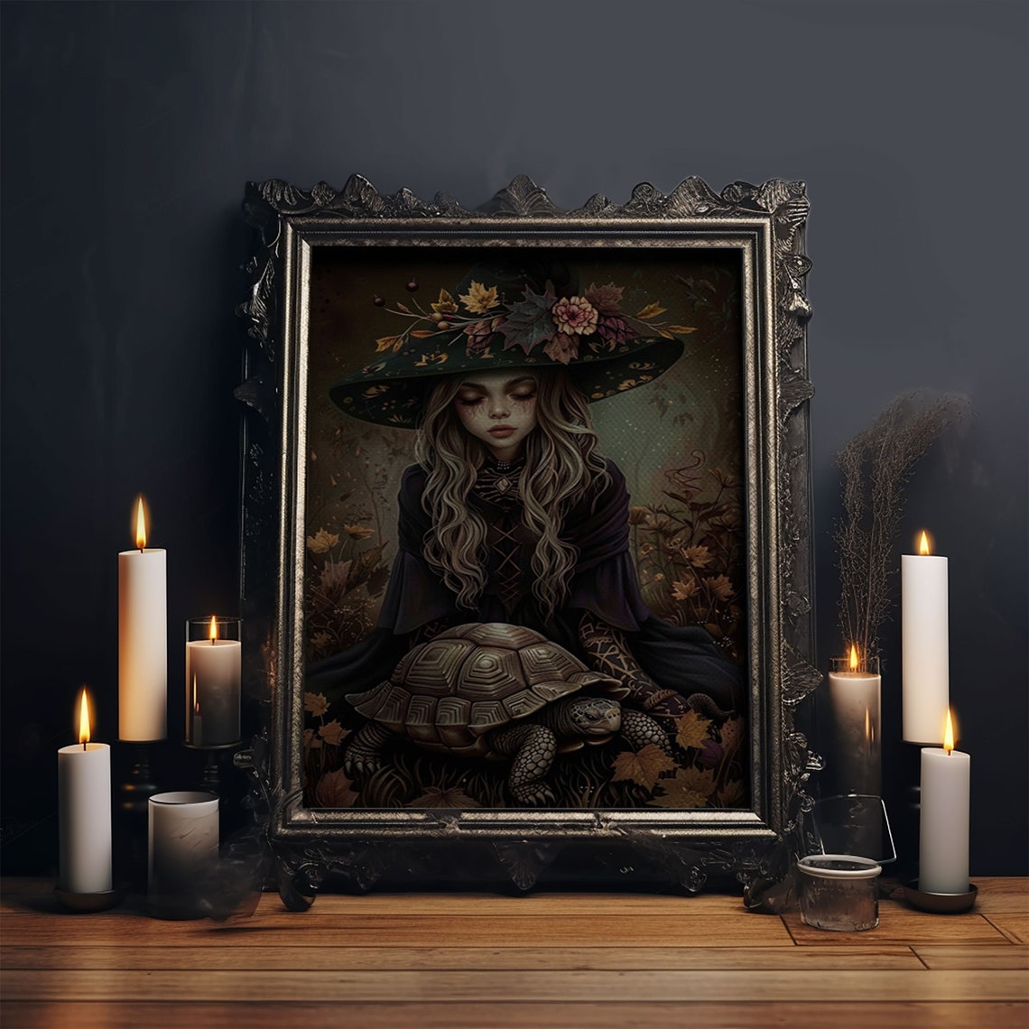 Enchanting Witch With Tortoise In Autumn Forest Fantasy Art Poster - Image 6