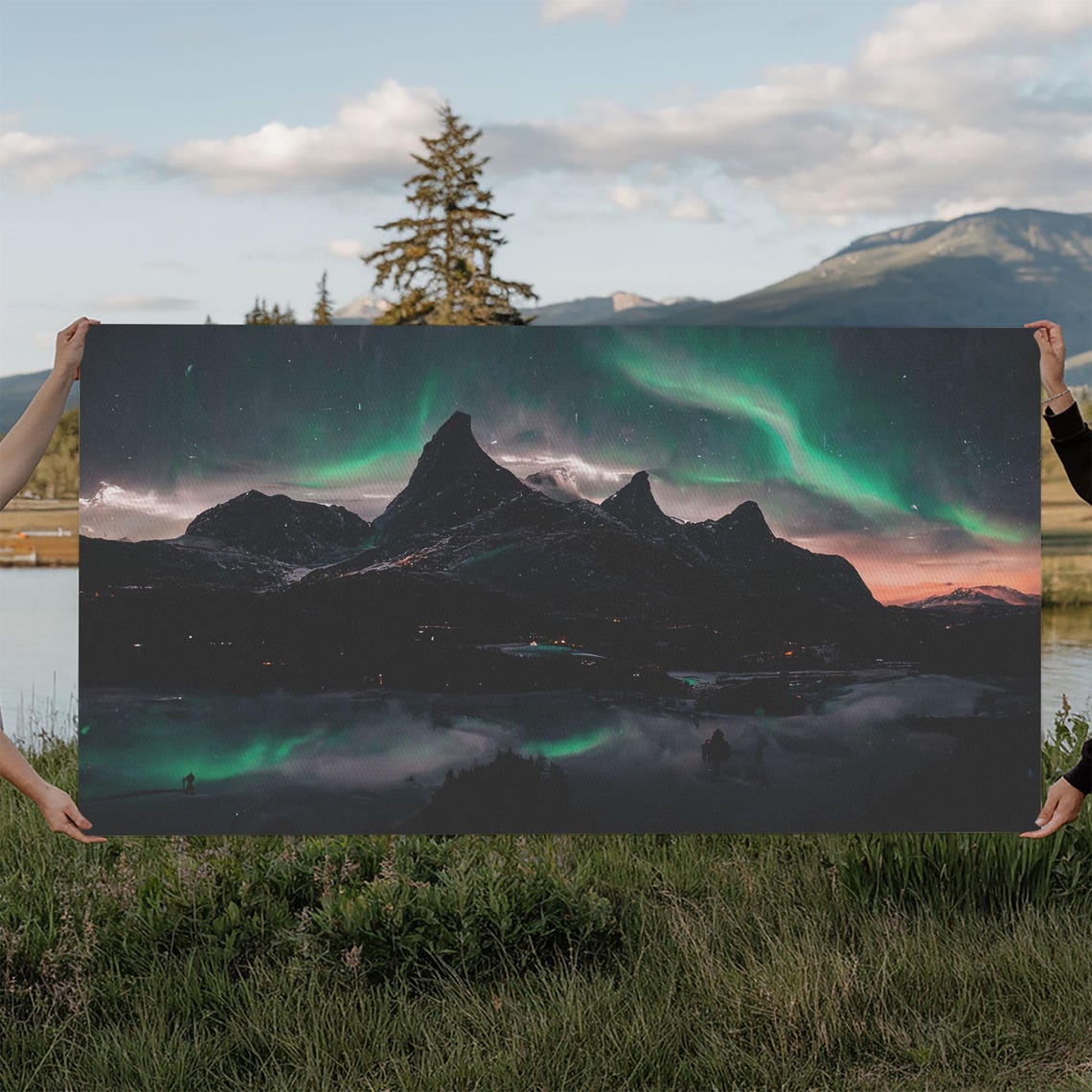 Northern Lights Aurora Borealis Over Mountains Night Sky Poster
