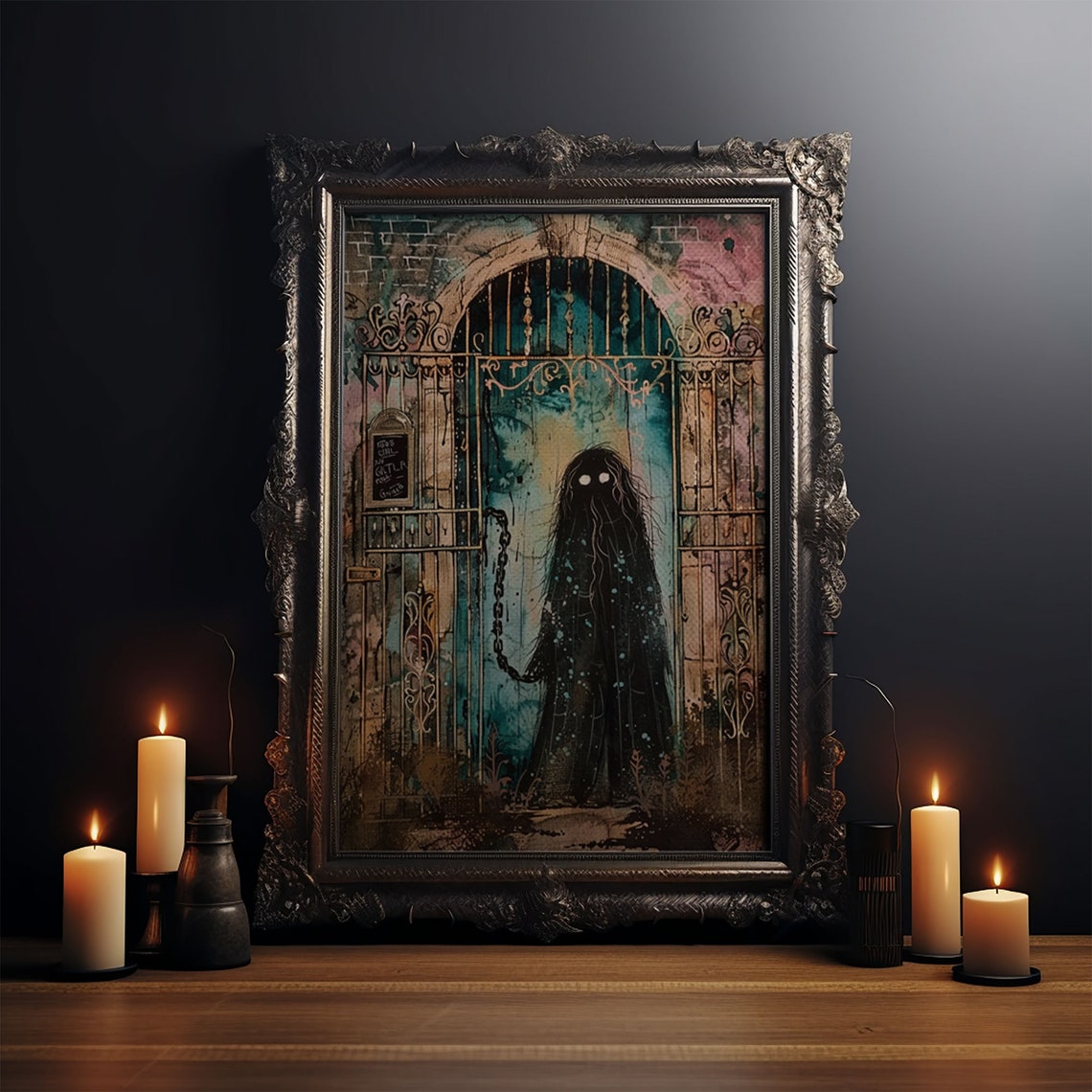 Shadow Ghost Glowing Eyes Locked Iron Gate Spooky Art Poster - Image 3
