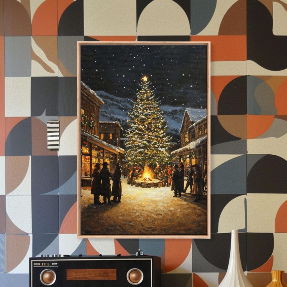 Western Town Christmas Eve Gathering Around Bonfire Tree Poster - Image 2
