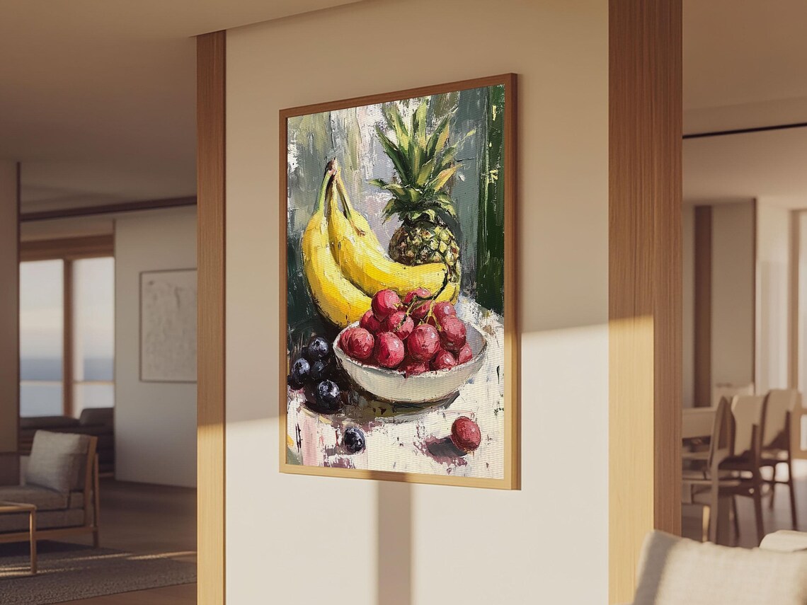 Banana Pineapple Cherries Fruit Bowl Still Life Oil Painting Poster - Image 3