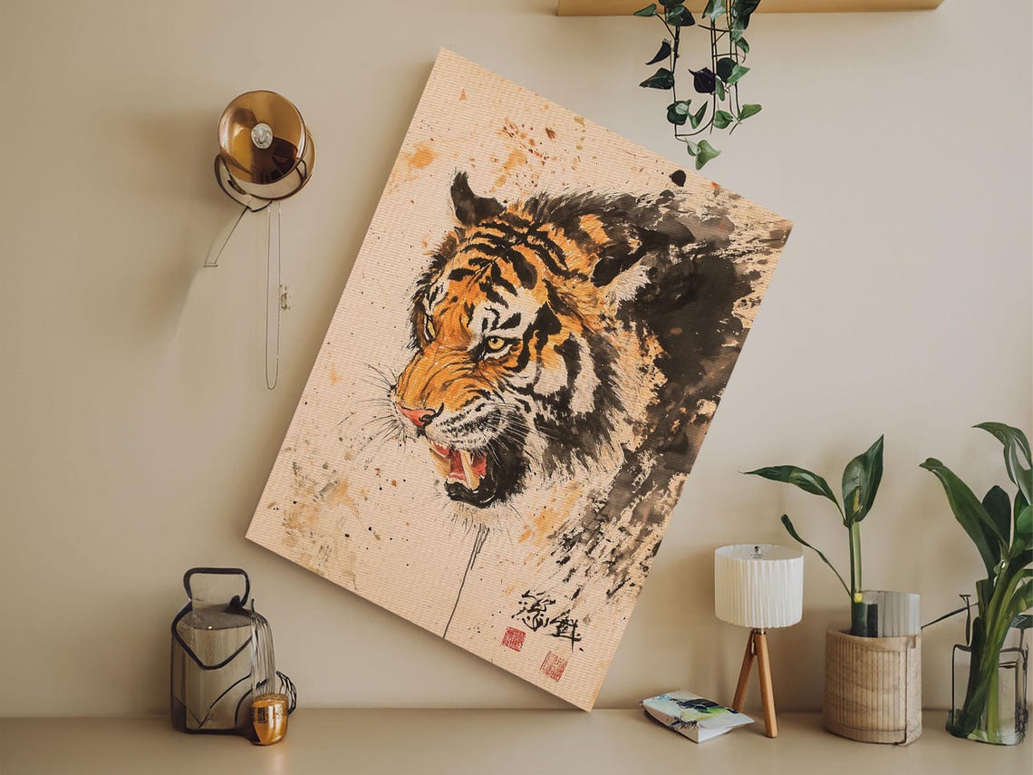Japanese Style Tiger Painting Print Tiger Roar Wabi Sabi Style Art Animal Prints Tiger Painting Tiger Oil Painting Print - Image 4