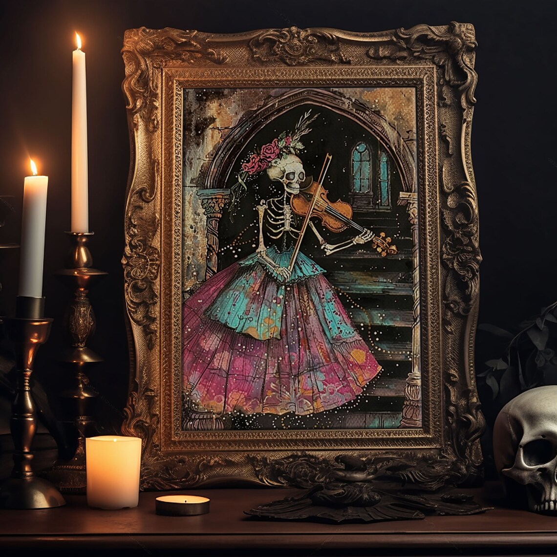 Gothic Skeleton Violinist Elegant Floral Gown Dark Archway Halloween Poster - Image 6